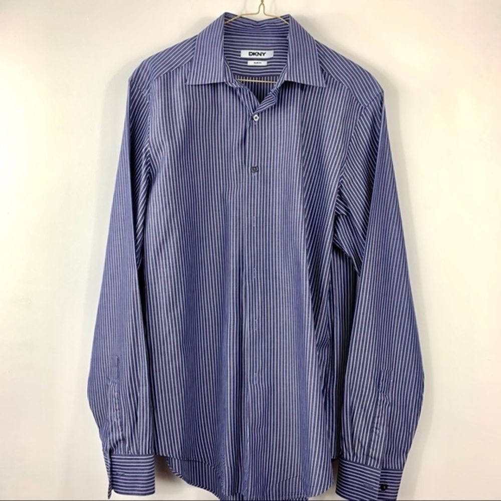 DKNY Blue Striped Slim Fit Casual Shirt 15.5 34/35
